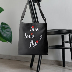 Leef Liefde Vlieg Tekst Hartjes en Vliegtuig Reize Crossbody Tas