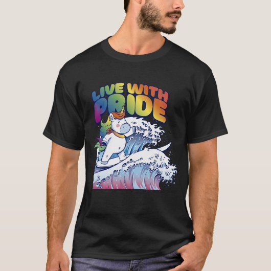 Leef met Pride Eenhoorn Surfen T-shirt (Voorkant)