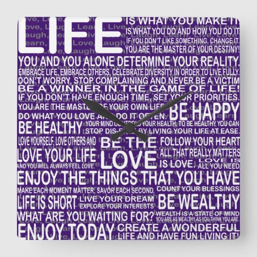 Leef volledig, Live love learning, motivatie. Vierkante Klok (Voorkant)