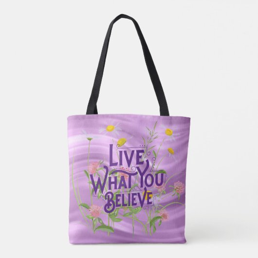 Leef wat u gelooft citeert Paarse Lila Floral Tote Bag (Achterkant)