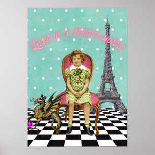 Leeft In Een Droomwereld Funky Vintage Meisje Poster