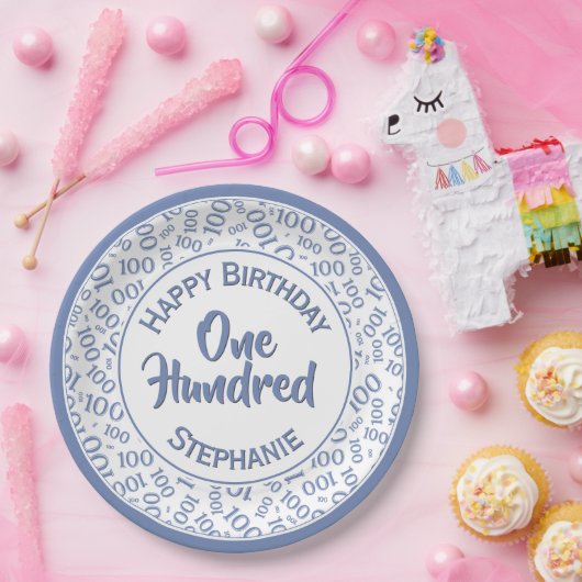 Leeftijd 100 Verspreid Getal Patroon Blauw/Wit Papieren Bordje (Feest)