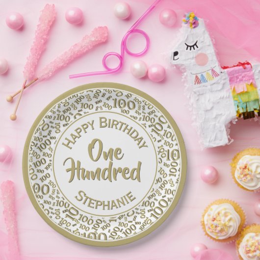 Leeftijd 100 Verspreid Getal Patroon Goud/Wit Papieren Bordje (Feest)