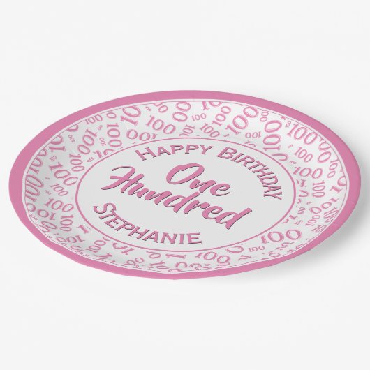 Leeftijd 100 Verspreid Getal Patroon Roze/Wit Papieren Bordje (Gekanteld)