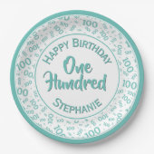 Leeftijd 100 verstrooid getallenpatroon Blauwgroen Papieren Bordje (Voorkant)