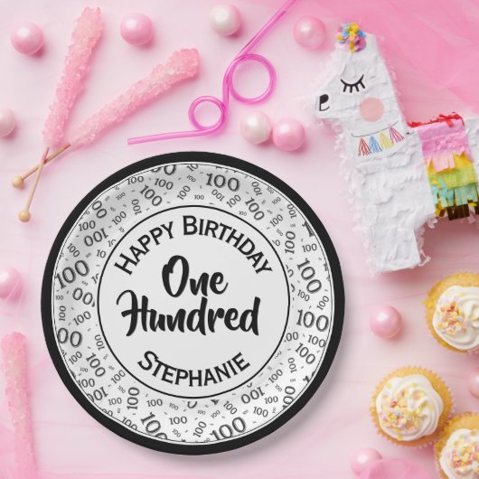 Leeftijd 100 verstrooid getallenpatroon zwart/wit papieren bordje (Feest)