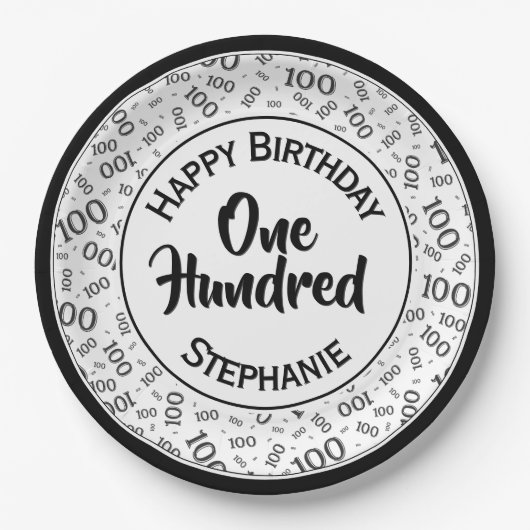 Leeftijd 100 verstrooid getallenpatroon zwart/wit papieren bordje (Voorkant)