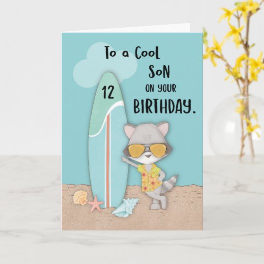 Leeftijd 12 Zoon Verjaardag Strand Grappig Cool Ra Kaart (Gele Bloem)