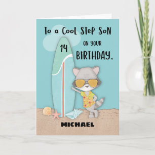 Leeftijd 14-stap Zoon van Birthday Beach Funny Coo Kaart