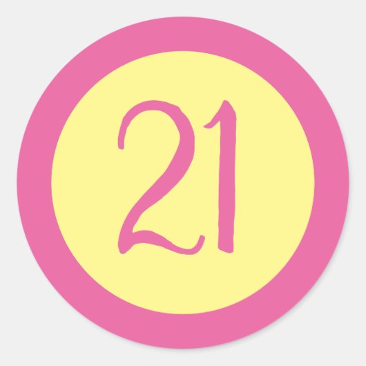 Leeftijd 21 Nummer Roze Tekst op Geel Ronde Sticker (Voorkant)