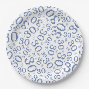 Leeftijd 30e Willekeurige Getal Patroon Blauw/Wit Papieren Bordje