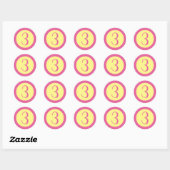 Leeftijd 3 Nummer  Roze Tekst op Geel Ronde Sticker (Vel)