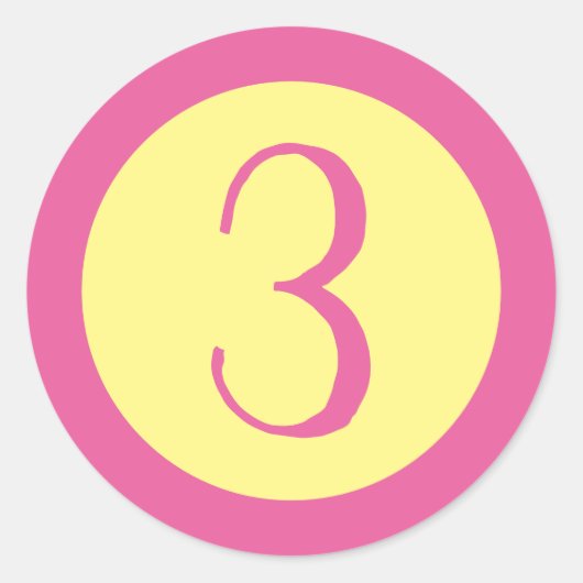 Leeftijd 3 Nummer  Roze Tekst op Geel Ronde Sticker (Voorkant)