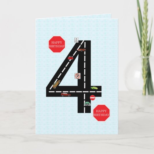 Leeftijd 4, 4e verjaardag, speelgoed auto's en weg kaart (Voorkant)