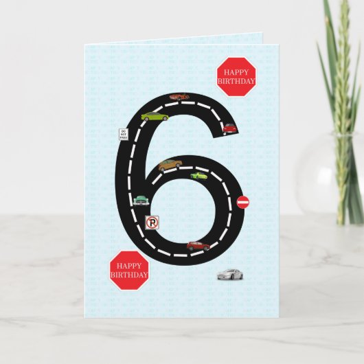 Leeftijd 6, 6e verjaardag, speelgoed auto's en weg kaart (Voorkant)