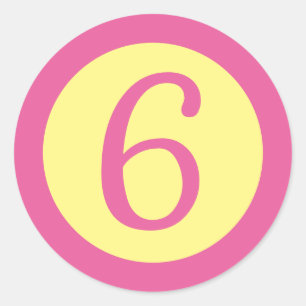 Leeftijd 6 Aantal  Roze Tekst op Geel Ronde Sticker