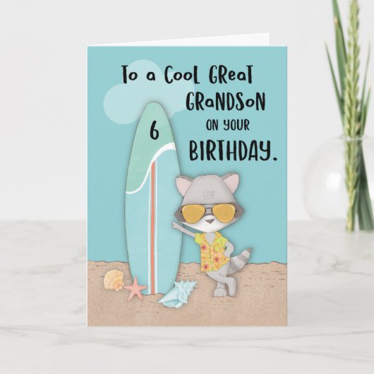 Leeftijd 6 Grootzoon Birthday Beach Funny Raccoon Kaart (Voorkant)