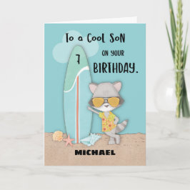 Leeftijd 7 Son Birthday Beach Funny Cool Raccoon C Kaart