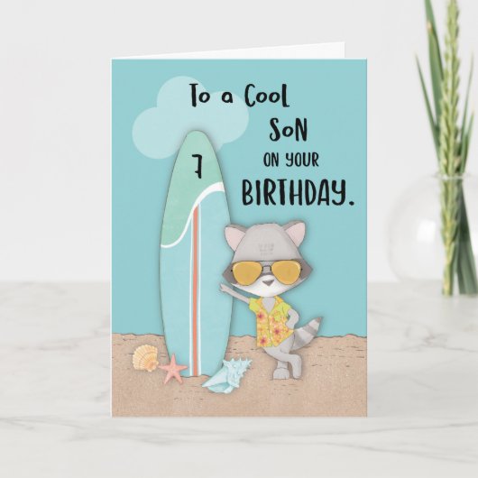 Leeftijd 7 Son Birthday Beach Funny Cool Raccoon Kaart (Voorkant)