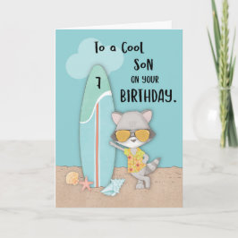 Leeftijd 7 Son Birthday Beach Funny Cool Raccoon Kaart