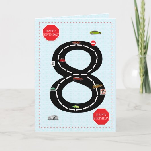 Leeftijd 8, 8e verjaardag, speelgoed auto's en weg kaart (Voorkant)