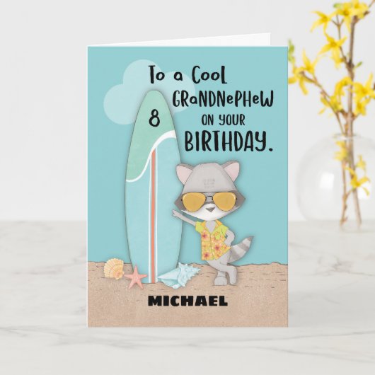 Leeftijd 8 Grootneefje Birthday Beach Funny Raccoo Kaart (Gele Bloem)