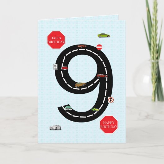 Leeftijd 9, 9e verjaardag, speelgoed auto's en weg kaart (Voorkant)