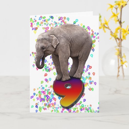 Leeftijd 9, een gelukkige olifanten verjaardagskaa kaart (Gele Bloem)