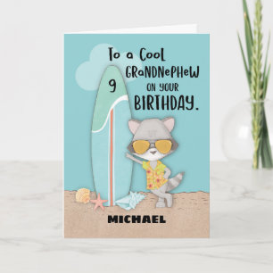 Leeftijd 9 Grootneefje Birthday Beach Funny Raccoo Kaart