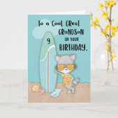 Leeftijd 9 Grootzoon Birthday Beach Funny Raccoon Kaart (Gele Bloem)