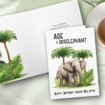 Leeftijd is Irrelephant Grappige Olifant Gelukkige Kaart<br><div class="desc">Grappige verjaardagskaart met het opschrift "Age is irrelephant" en uw gepersonaliseerde tekst op de voorkant. Design beschikt over een knappe olifant omlijst met tropische palmbomen en oerwoud groen. U kunt de verjaardagsgroet binnen personaliseren en ook de mogelijkheid hebben om een aftekening toe te voegen met jouw naam(s) als u dat...</div>