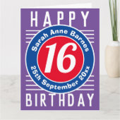 Leeftijd, naam en datum op een 16e verjaardag Kaar Kaart (Voorkant)