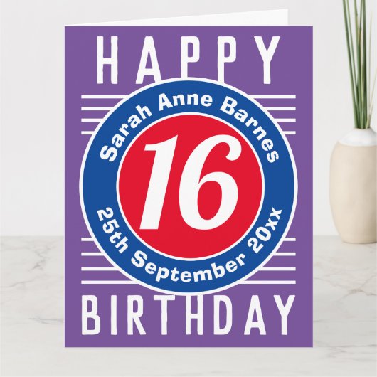Leeftijd, naam en datum op een 16e verjaardag Kaar Kaart (Voorkant)