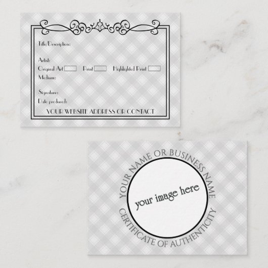 Leeg COA-certificaat van authenticiteit voor kunst Notitiekaartje (Voorkant / Achterkant)