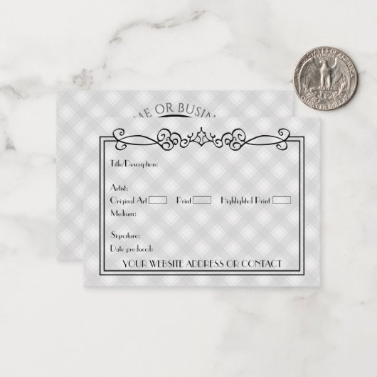 Leeg COA-certificaat van authenticiteit voor kunst Notitiekaartje (Voorkant / Achterkant in situ)