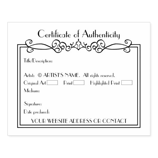 Leeg COA-certificaat van authenticiteit voor kunst Rubberstempel (Afrduk)