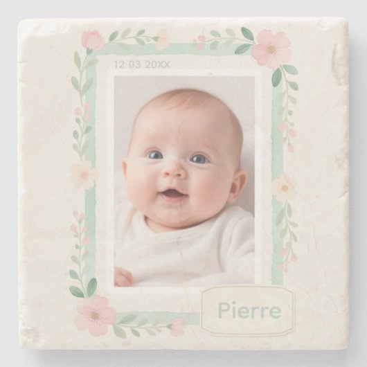 Leeg fotolijstje met bloemen in pastel waterverfst stenen onderzetter (Voorkant)