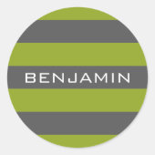 Leeggroene en grijze ringstrepen met aangepaste na ronde sticker (Voorkant)