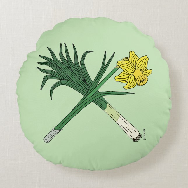 Leek en Daffodil Crossed Rond Kussen (Voorkant)