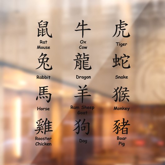 Leer Chinees lezen met Black Zodiadieren Raamsticker (Vel 2)