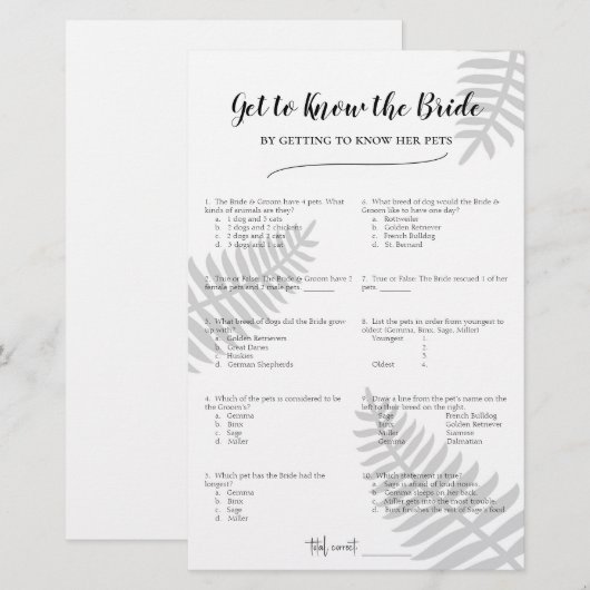 Leer de bruid kennen door haar huisdieren te leren (Voorkant / Achterkant)