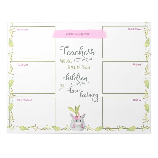 Leerkrachten Weekly Planner Cute Unicorn Potlood P Notitieblok (Voorkant)