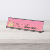 Leerleraar Onderwijs Koningin Classroom Crown Glit Bureau Naambordje (Voorkant)