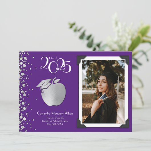 Leerleraar Onderwijs Zilver Afstuderen Paars Kaart (Staand voorkant)