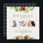 Leerlingen van zijn liefde 3 foto's met gouden bla feestdagenkaart<br><div class="desc">Wonders van zijn liefde,  religieus multi-fototoestel,  gouden scripttekst en waterverf foliage-feestkaart. Verander de achtergrondkleur om de kaart aan te passen.</div>