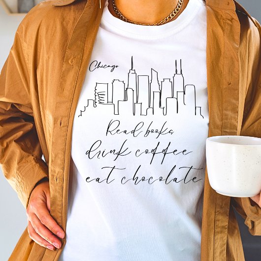 Lees boek drink koffie eten chocolade Chicago T-shirt