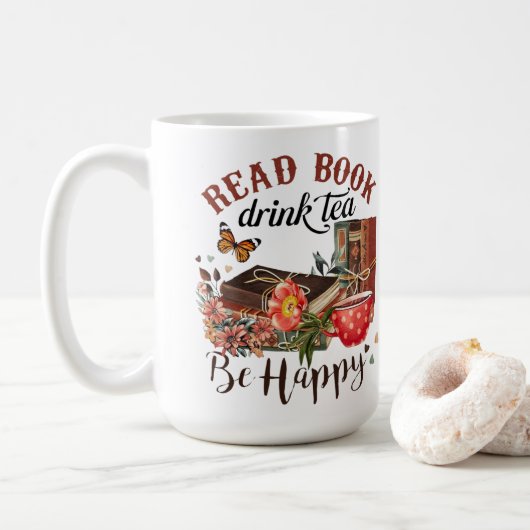 Lees boeken, Drink Tea & Be Happy Koffiemok (Met donut)