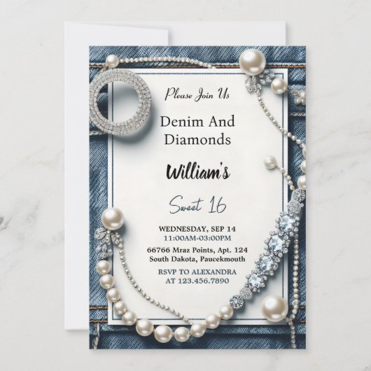 Lees Elegant Gem Bling Denim en Diamonds Sweet 16 Kaart (Voorkant)