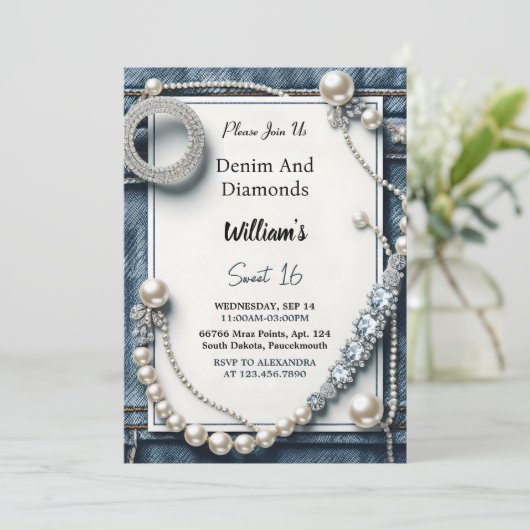 Lees Elegant Gem Bling Denim en Diamonds Sweet 16 Kaart (Staand voorkant)