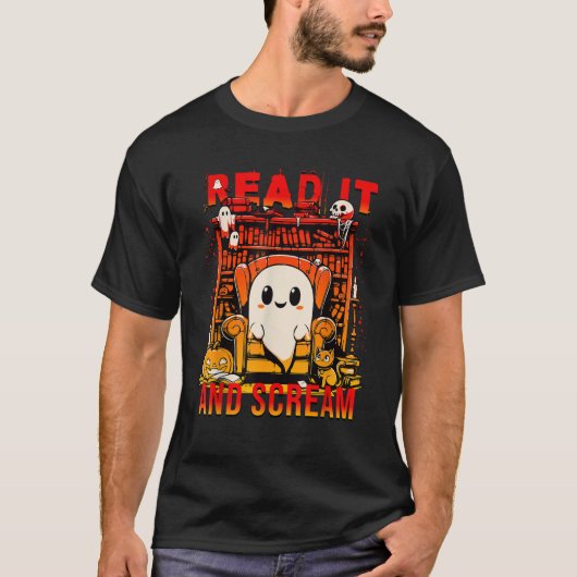 Lees het en schreeuw Ghost Funny Haunted Book Nook T-shirt (Voorkant)